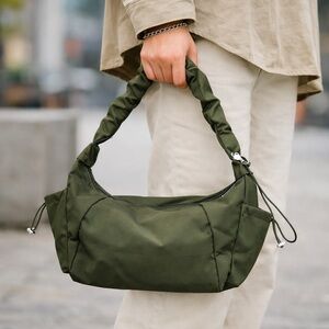 Green Shoulder Bag, Ruched Handle Baguette Small Nylon Y2K Purse, Minimalist